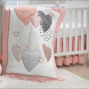 Lambs & Ivy -Heart to Heart Pink/Grey/White 4 Piece Baby Crib Bedding Set